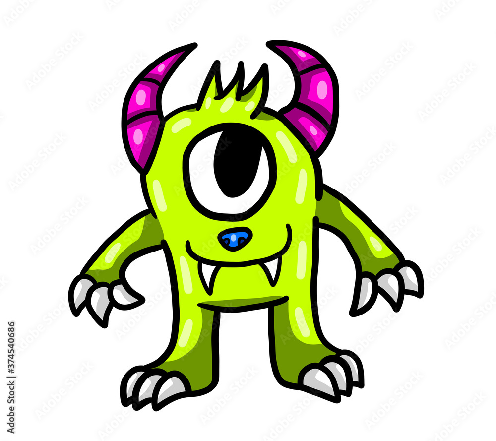 Obraz premium Adorable Stylized Fluffy One Eyed Green Monster