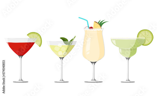 Cosmopolitan, Pina Colada, Daiquiri and Margarita cocktails set. Alcohol drinks collection.