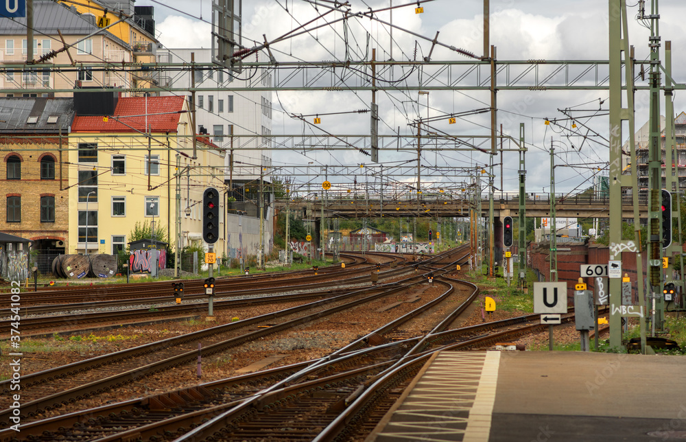 View from platform 1 at Lund's central station of the railway heading north towards Helsingborg.