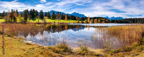panoramic view to beautiful lake with reflection in Bavaria, Germany