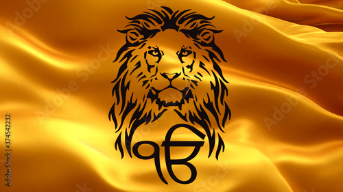 The Lion and main symbol of sikhism is the Ek Onkar sign on the background of an orange waving Khalistan flag photo