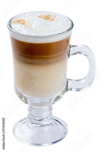 Coffee with cream from a coffee machine. Tall glass beaker. Isolated on white.