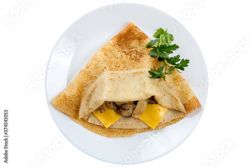 pancakes with cheese and mushrooms. isolated on white.