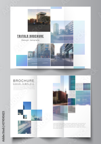 Vector layouts of covers design templates for trifold brochure, flyer layout, magazine, book design, brochure cover, advertising mockups. Abstract design project in geometric style with blue squares.
