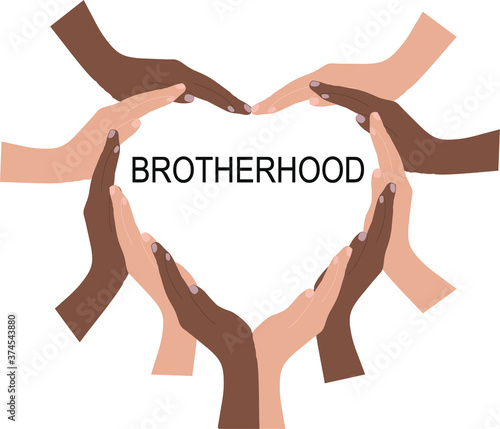 Black and white hands. Heart. Brotherhood Message. Vector