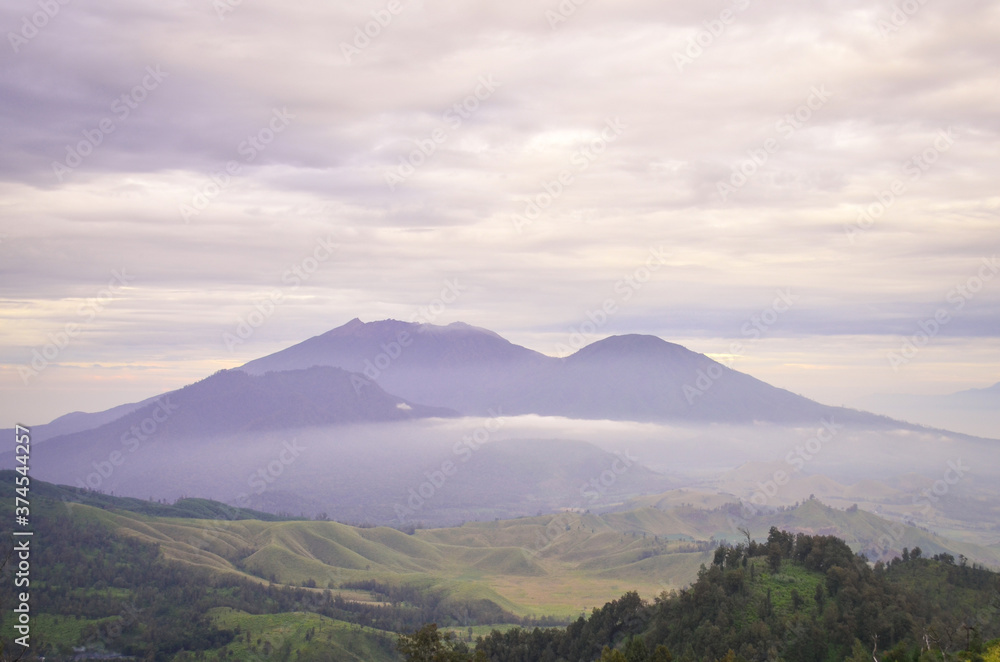 Landscape view of Mount Raung seen from Mount Ijen, Banyuwangi, East Java, Indonesia