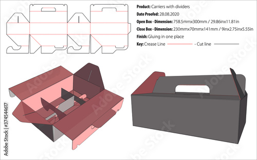 Carriers with dividers box packaging design template gluing die cut - vector