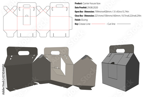 Carrier house box packaging design template gluing die cut - vector