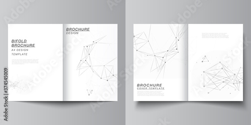 Vector layout of two A4 cover mockups templates for bifold brochure, flyer, magazine, cover design, book design. Gray technology background with connecting lines and dots. Network concept.