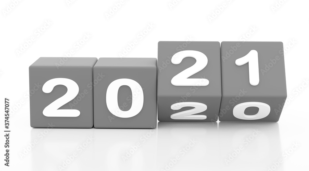 2021 New year change, turn. 2021 start 2020 end, grey dice isolated against white background. 2021 New year change, turn. 2021 start 2020 end, grey dice isolated against white background.
