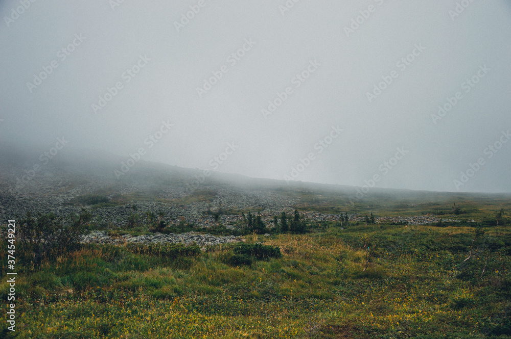 Mountain landscape in the Urals with dense fog