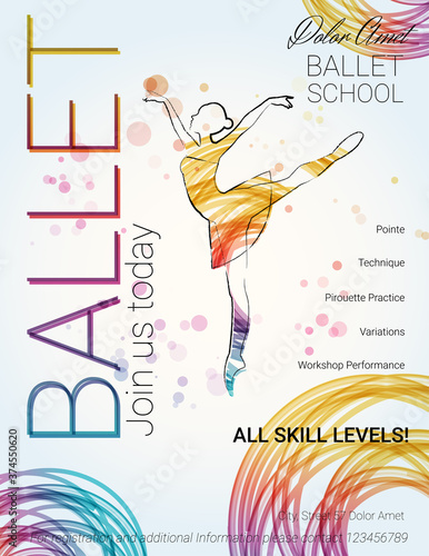 Ballet background. Flyer, brochure, invitation, ticket, poster or greeting card design template with beautiful ballet dancer figure. Vector illustration. 