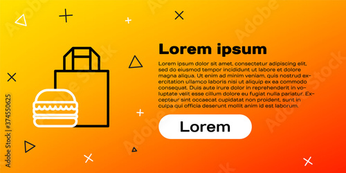 Line Online ordering and burger delivery icon isolated on yellow background. Colorful outline concept. Vector Illustration.