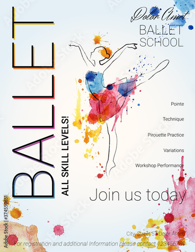 Ballet background. Flyer, brochure, invitation, ticket, poster or greeting card design template with beautiful ballet dancer figure. Vector illustration. 
