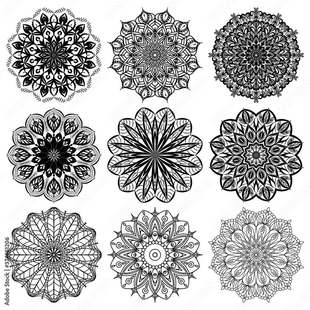 Set of nine black mandalas on a white background. Vector. Set of nine black mandalas on a white background. Vector.