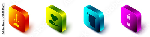 Set Isometric Tea bag, Heart on hand, Towel on a hanger and Spray can for hairspray icon. Vector.