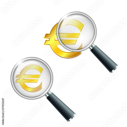 Shiny golden sign euro with magnifying glass.
