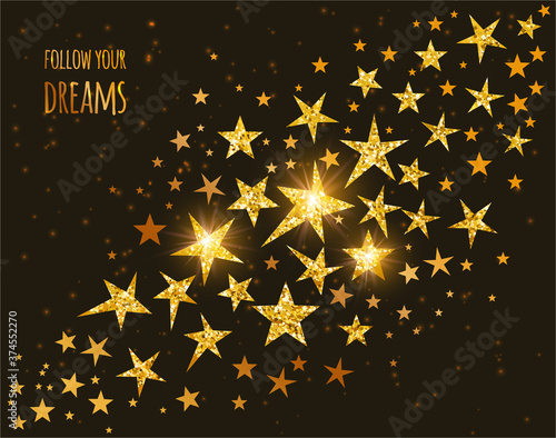 Merry Christmas and Happy New Year background. Golden glitter snowflakes on black background. Festive banner. Elegant Greeting card. Vector illustration 