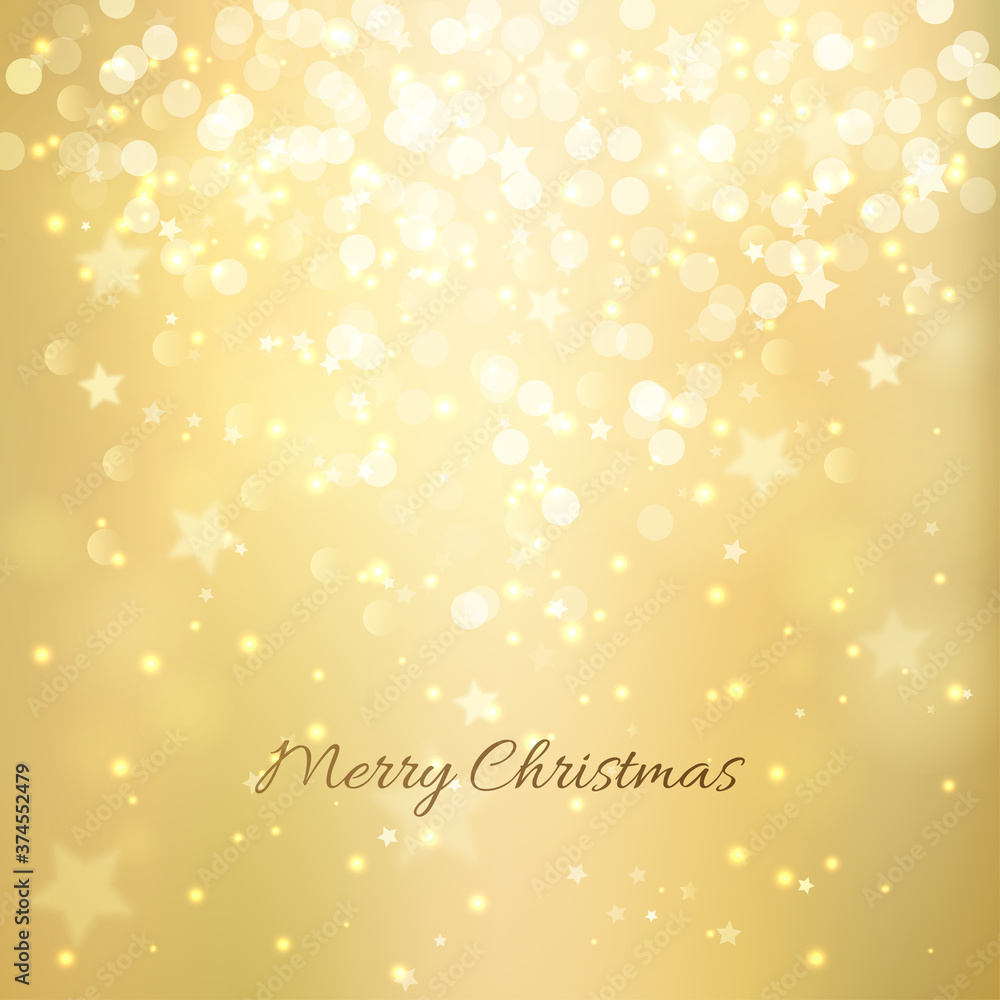 Festive gold background with light bokeh and stars. Christmas and New Year festive background. Vector illustration