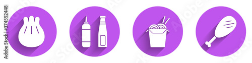 Set Khinkali on cutting board, Sauce bottle, Asian noodles and chopsticks and Chicken leg icon with long shadow. Vector.