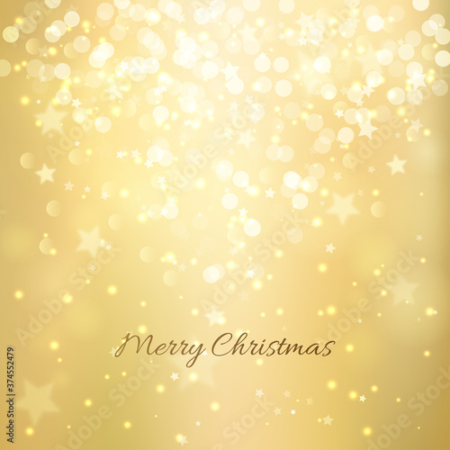 Festive gold background with light bokeh and stars. Christmas and New Year festive background. Vector illustration