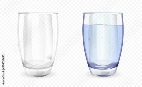 Transparent glass or cup shown filled with water and empty over a transparent background, colored vector illustration