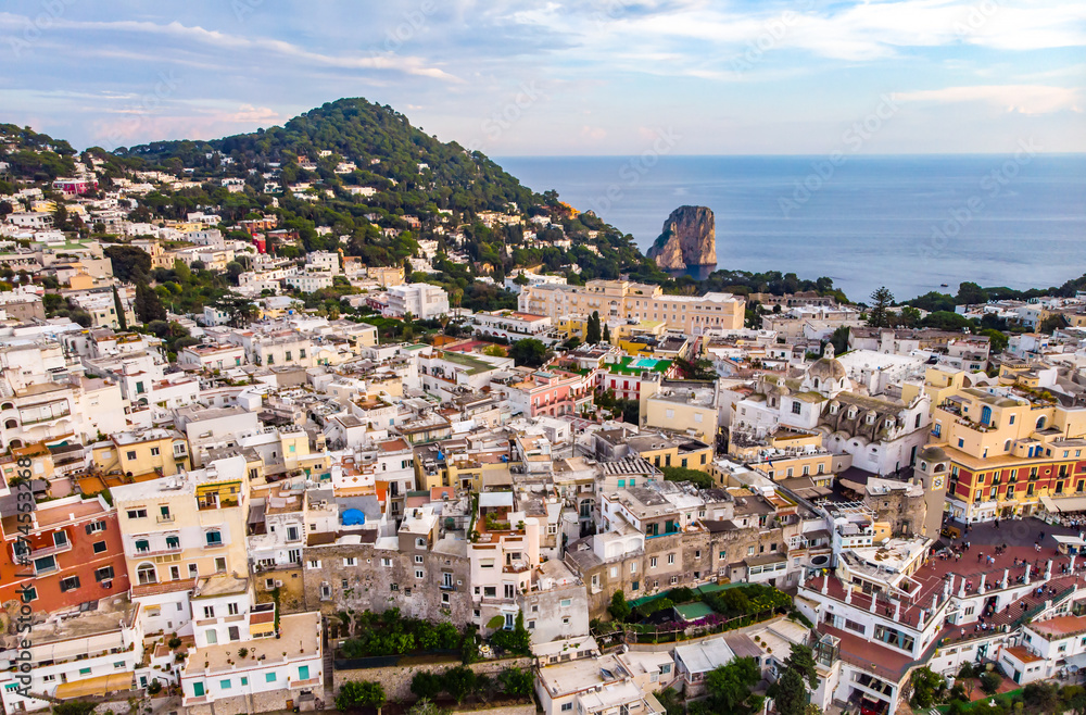 Aerial drone view of Capri island. Sunny summer day. Italy landscape