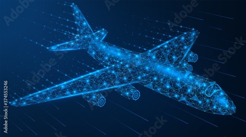 Airplane. Passenger or cargo air transport. The effect of flight. Low-poly construction of connected lines and points. Blue background.
