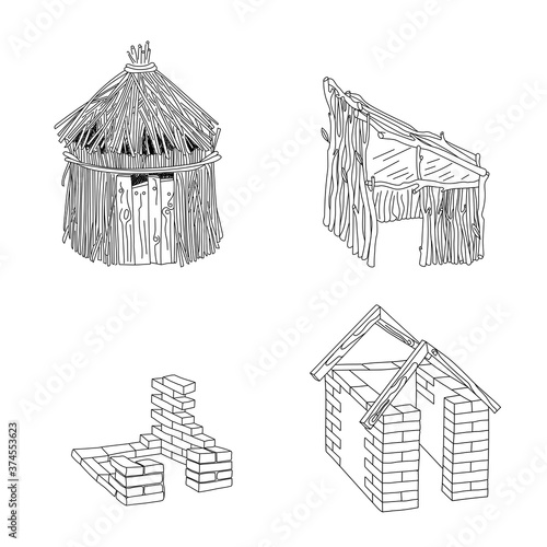 Customizable stroke weight house types. Hut and house of different materials.