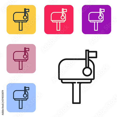 Black line Mail box icon isolated on white background. Mailbox icon. Mail postbox on pole with flag. Set icons in color square buttons. Vector Illustration.