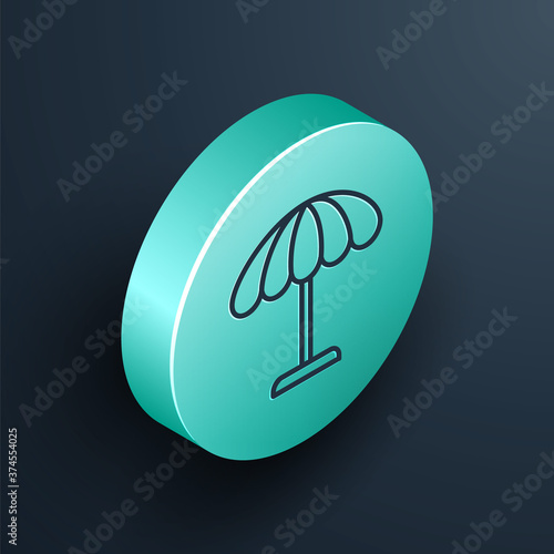Isometric line Sun protective umbrella for beach icon isolated on black background. Large parasol for outdoor space. Beach umbrella. Turquoise circle button. Vector Illustration.