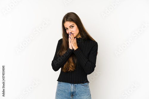 Young caucasian woman isolated on white background making up plan in mind, setting up an idea.