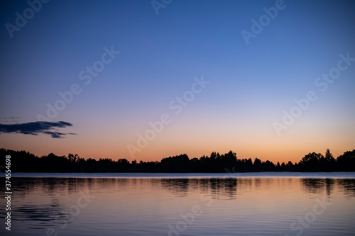 fog on the lake through green reeds at sunrise