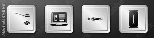 Set Heroin in a spoon, Buying drugs online on laptop, Marijuana joint and Blade razor icon. Silver square button. Vector.