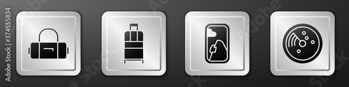 Set Suitcase, Suitcase, Airplane window and Radar with targets on monitor icon. Silver square button. Vector.