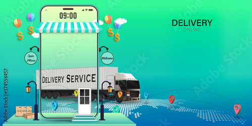 Logistics Online delivery service, online order tracking,Delivery home and office. City logistics. Warehouse, truck, forklift, courier. vector illustration.