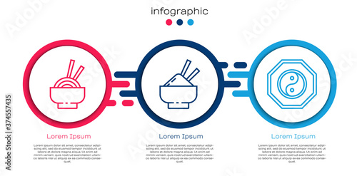 Set line Asian noodles in bowl, Rice in a bowl with chopstick and Yin Yang. Business infographic template. Vector.