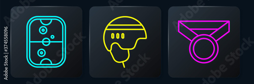 Set line Air hockey table, Medal and Hockey helmet. Black square button. Vector.