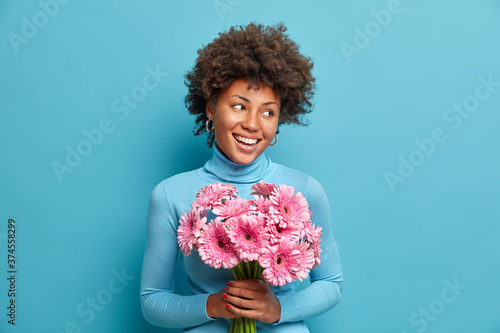 Cheerful African American woman celebrates her special day, holds bouquet of pink flowers, adores gerberas, smiles broadly, wears turtleneck, isolated on blue background. Women and holidays concept
