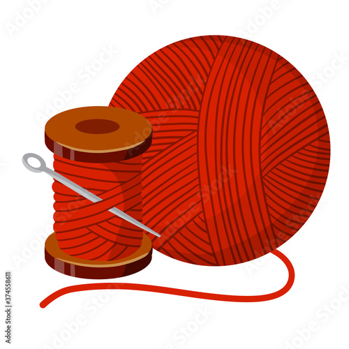 Embroidery and needle. Coil and a skein of red thread. Crafts and Hobbies. Clothing manufacturing and needlework. Flat cartoon illustration. Coil and skein