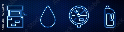 Set line Water meter, Well, Water drop and Container with drain cleaner. Glowing neon icon on brick wall. Vector.