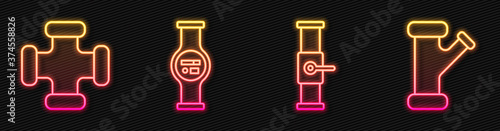 Set line Industry pipe and valve, Industry metallic pipe, Water meter and Industry metallic pipe. Glowing neon icon. Vector.
