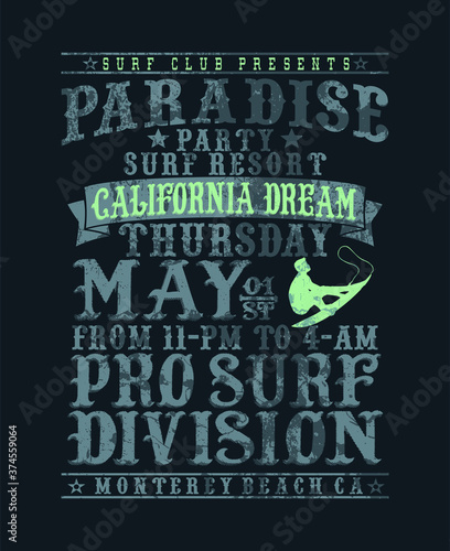 Vector illustration of surfer lettering and silhouette.