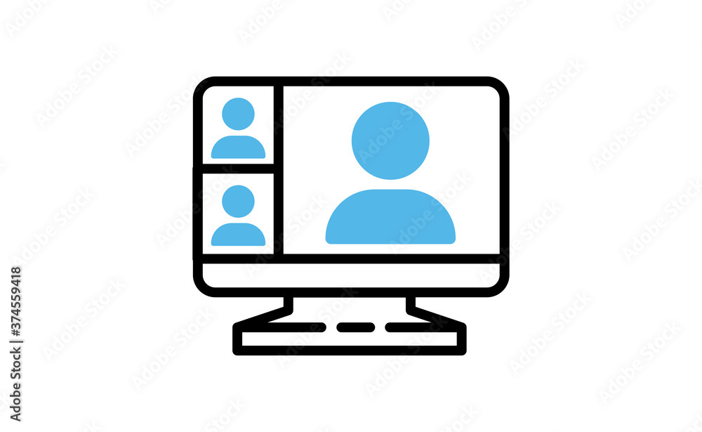 Video conference icon. People on computer screen. Home office in quarantine times. Internet virtual teaching media. Digital communication Video conference icon. People on computer screen. Home office in quarantine times. Internet virtual teaching media. Digital communication