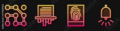 Set line Fingerprint, Graphic password protection, Paper shredder and Ringing alarm bell. Glowing neon icon. Vector.
