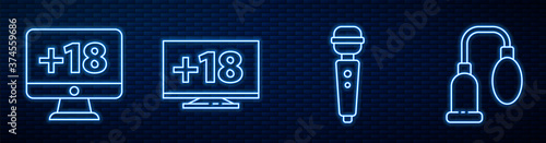 Set line Dildo vibrator, Monitor with 18 plus content, Monitor with 18 plus content and Penis pump. Glowing neon icon on brick wall. Vector.