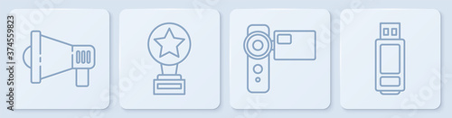 Set line Megaphone, Cinema camera, Movie trophy and USB flash drive. White square button. Vector.