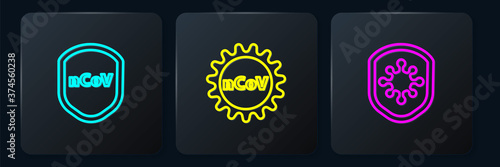 Set line Shield protecting from virus, and Corona 2019-nCoV. Black square button. Vector.