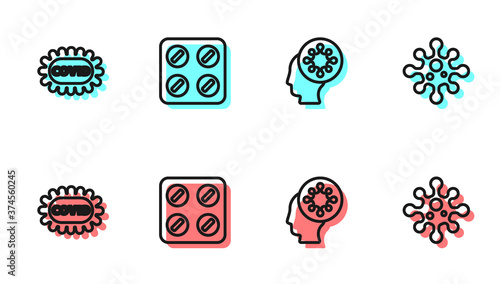 Set line Human and virus, Corona covid-19, Pills in blister pack and Virus icon. Vector.