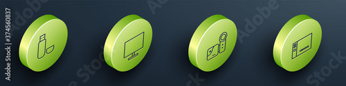 Set Isometric USB flash drive, Computer monitor screen, Cinema camera and Graphic tablet icon. Vector.